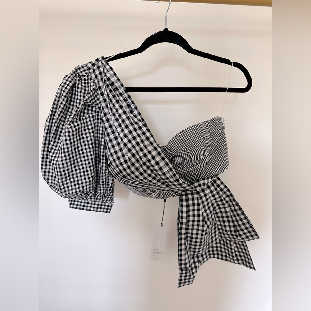 Marita gingham one-shoulder cotton-poplin top